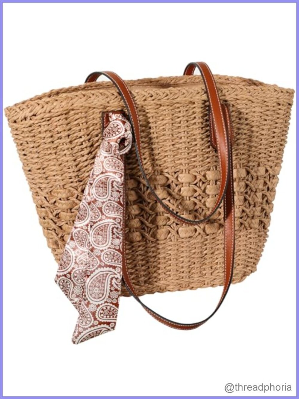 Straw Beach Tote Bag Woven Summer Handbag with Silk Scarf Large Capacity